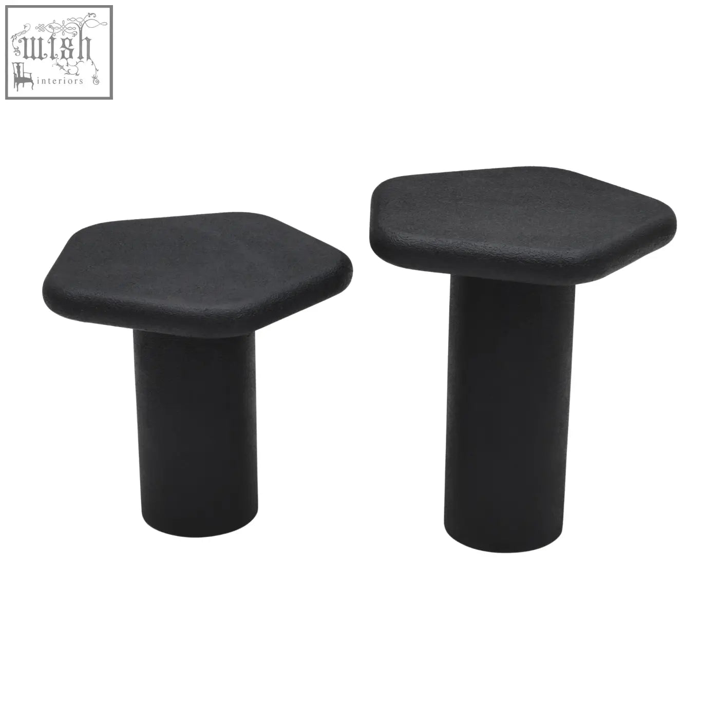 Black udaipur pentagon end table set with hexagonal tops and cylindrical legs perfect as modern end tables