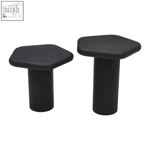 Black udaipur pentagon end table set with hexagonal tops and cylindrical legs perfect as modern end tables
