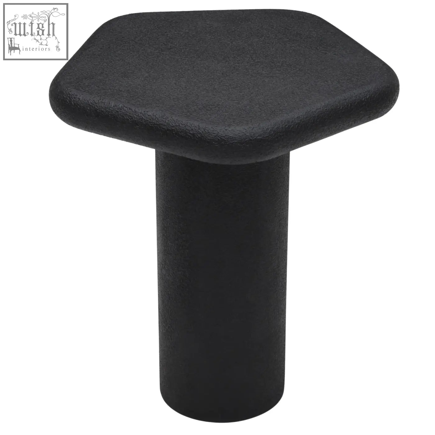 Black udaipur pentagon side table with hexagonal top and matte textured finish featuring organic shape base