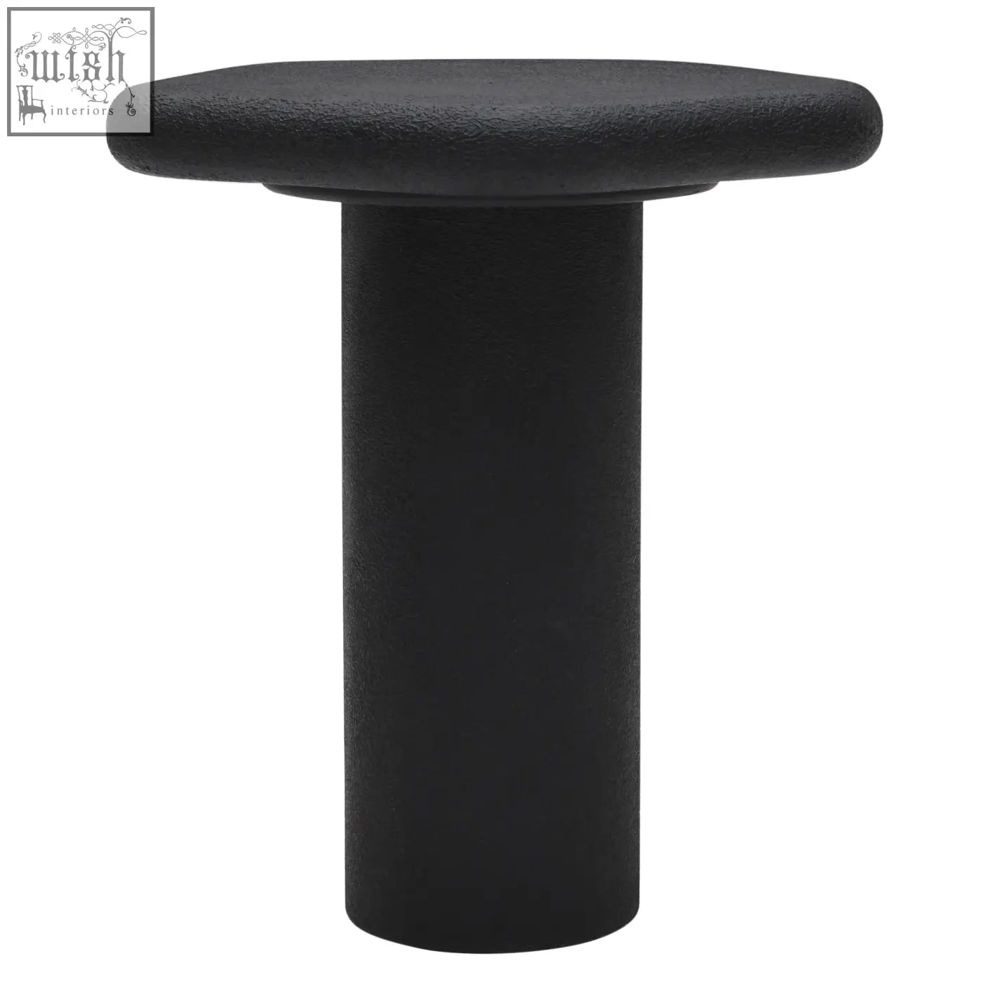 Black udaipur pentagon side table with textured finish and organic shape featuring an octagonal top and cylindrical base