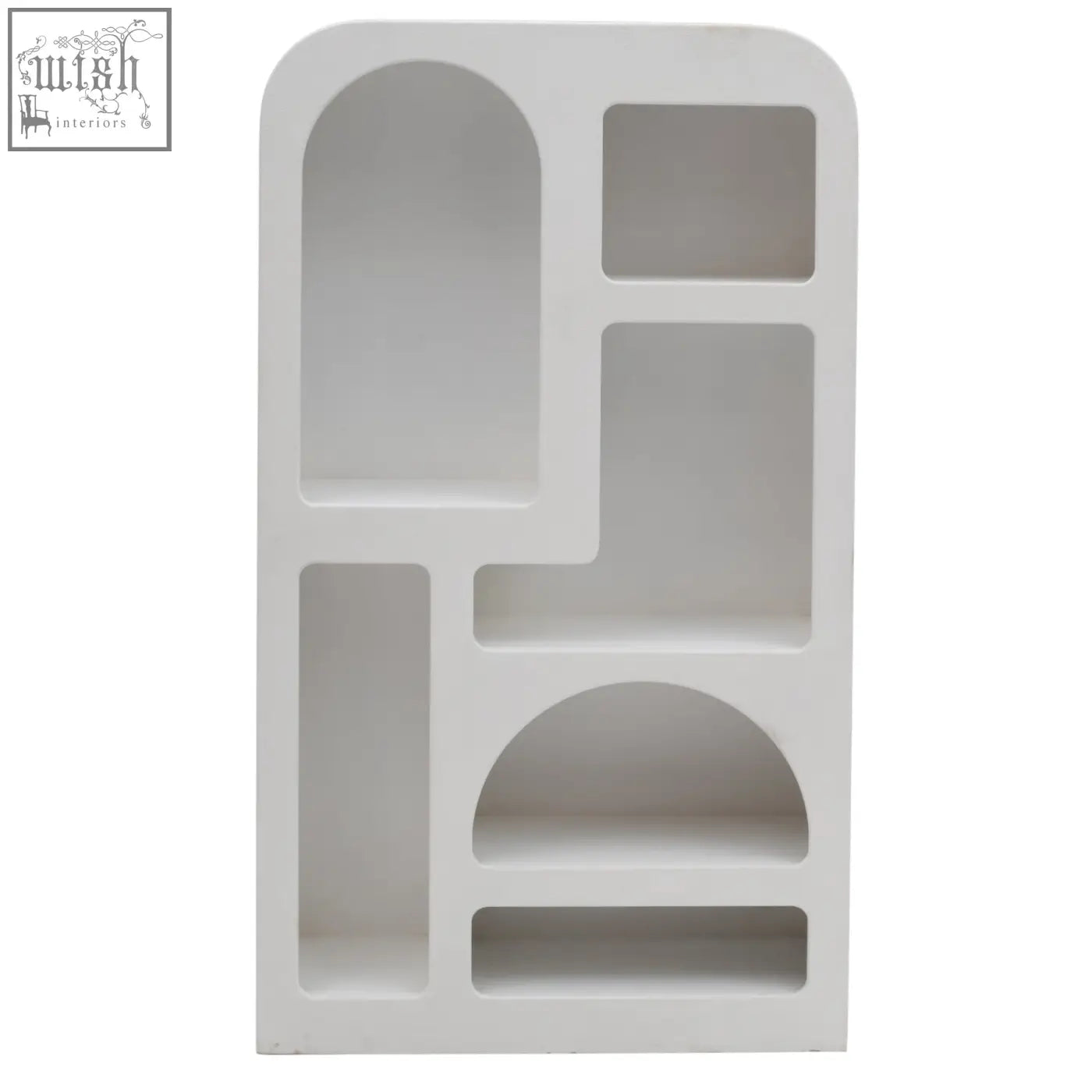 White minimalist udaipur tall geometric bookcase with open shelving and varied geometric cutouts for stylish storage