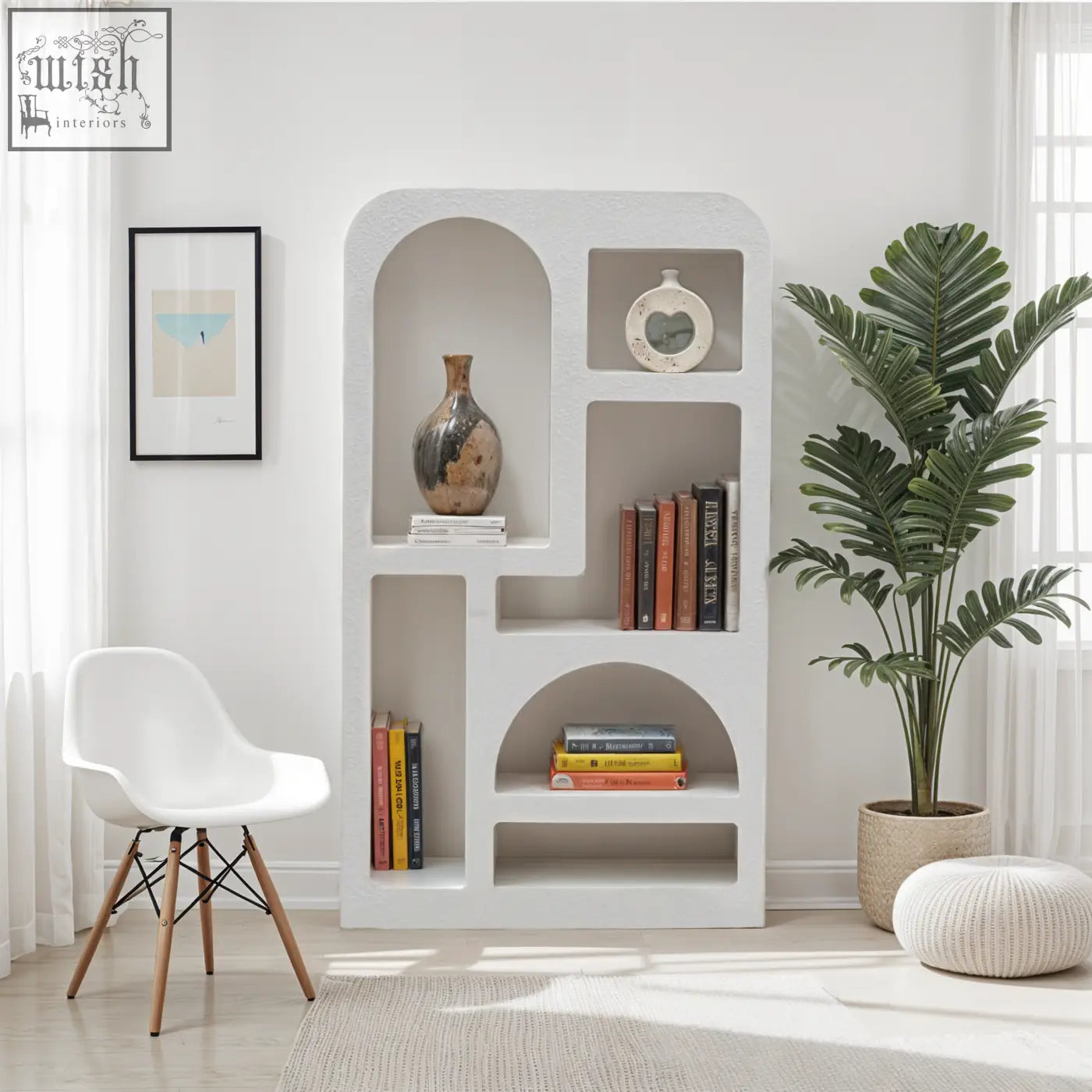 White modern wood udaipur tall geometric bookcase with arched and rectangular open shelving for books and decor