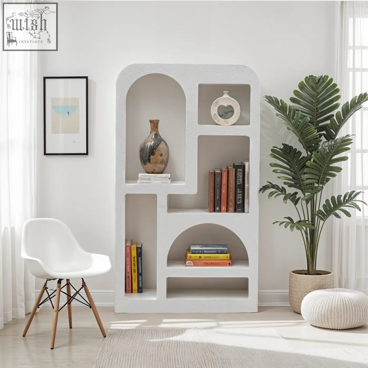 White modern wood udaipur tall geometric bookcase with arched and rectangular open shelving for books and decor
