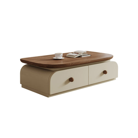 Beige uddin rectangle coffee table with warm wood top and two drawers with round wooden knobs for storage