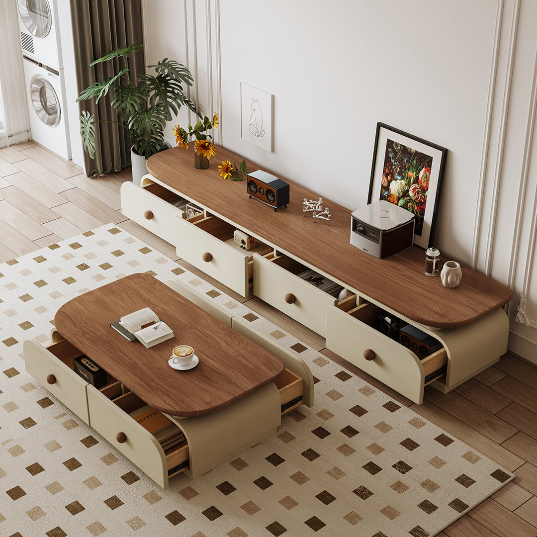 Cream-colored uddin rectangle coffee table with warm wood top and matching drawers with round wooden knobs