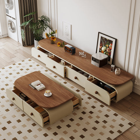 Cream-colored uddin rectangle coffee table with warm wood top and matching drawers with round wooden knobs