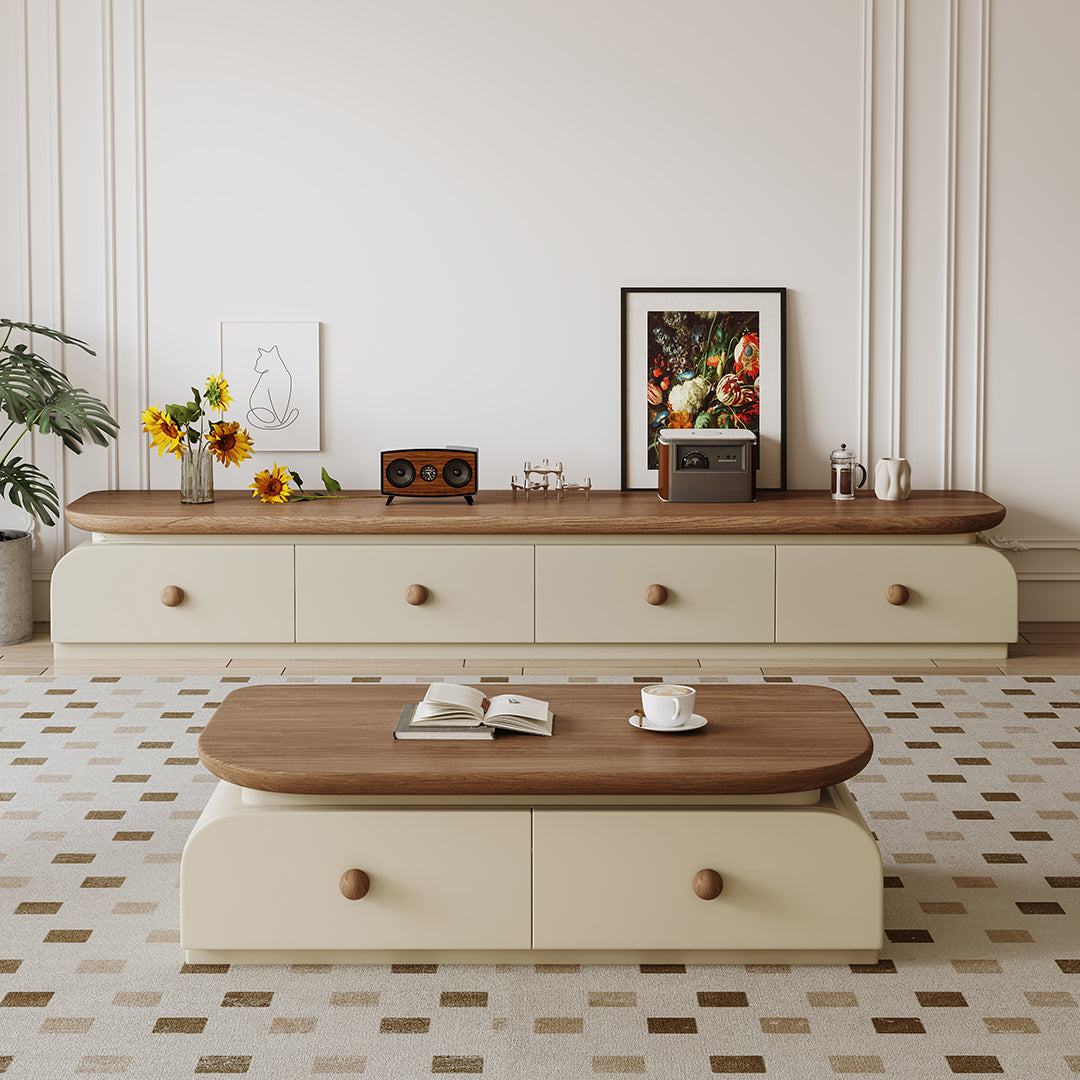 Cream-colored uddin rectangle coffee table with warm wood top and matching round knobs for stylish storage