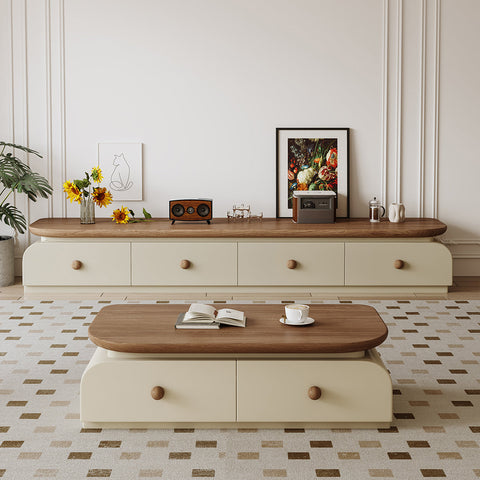 Cream-colored uddin rectangle coffee table with warm wood top and matching round knobs for stylish storage