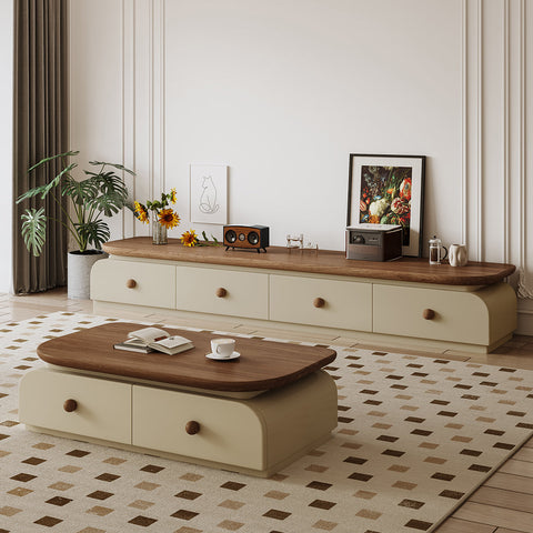 Cream-colored uddin rectangle coffee table with warm wood top and rounded drawer pulls for stylish storage
