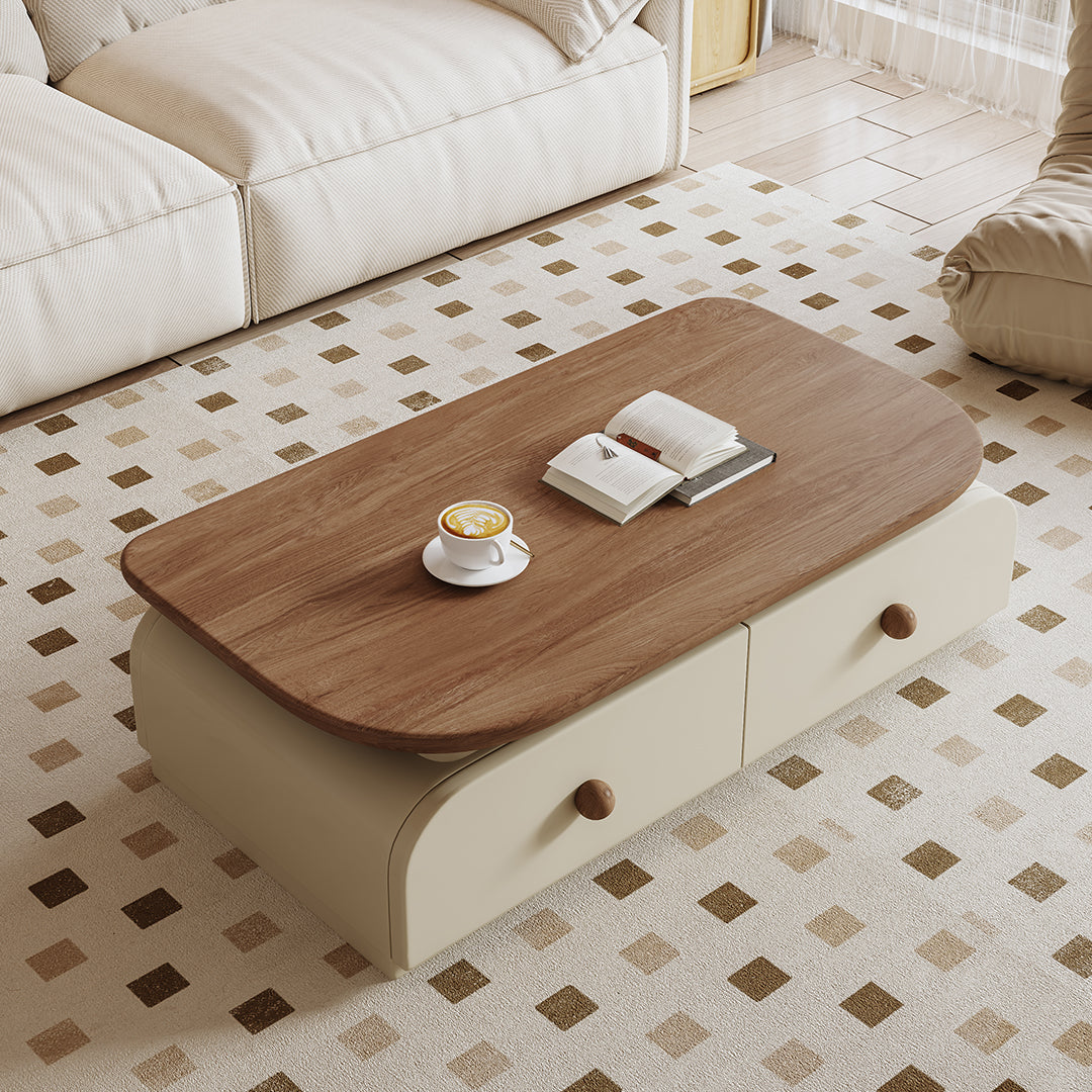 Modern uddin rectangle coffee table with warm wood top cream base and two storage drawers with wooden knobs