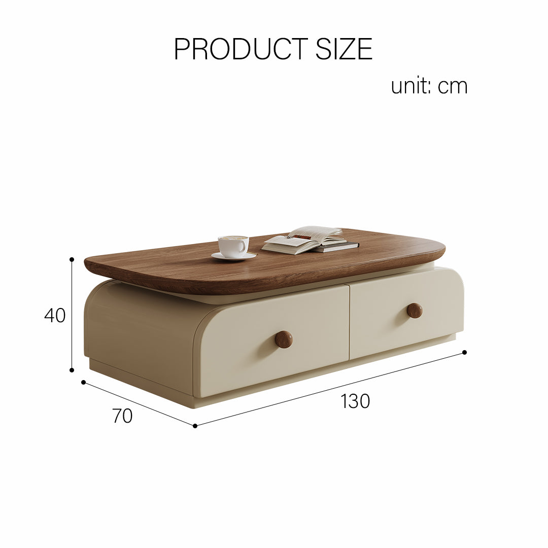 Modern uddin rectangle coffee table with warm wood top cream base and two drawers with round wooden knobs