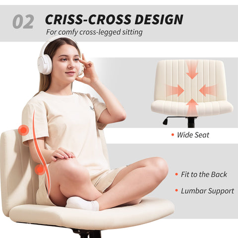 HOMCOM Armless Office Chair No Wheels, Linen Fabric Criss Cross Legged Desk Chair with Wide Seat, Thick Padding, Tilt Function, Height Adjustable Swivel Computer Seat for Home, Cream