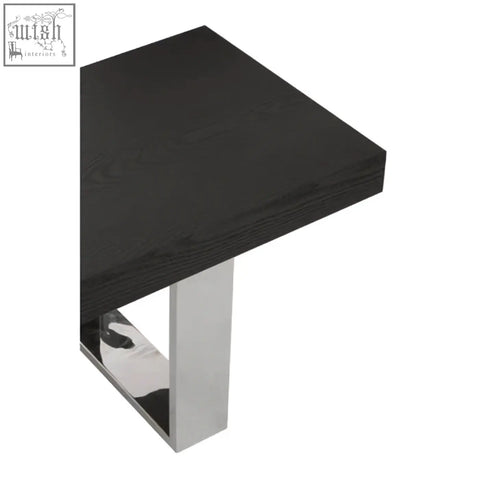 Ulmus black elm wood bench with a black glossy square end table and sleek chrome base for modern style