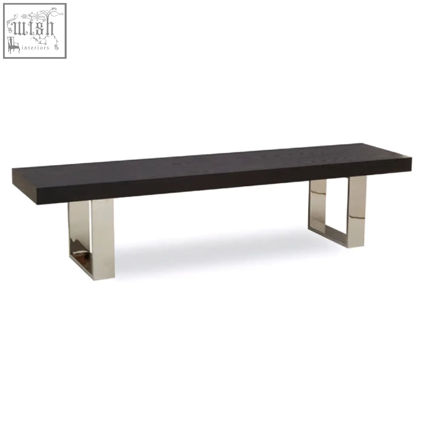 Ulmus black elm wood bench with black elm lacquered wood seat and sleek polished chrome u shaped legs