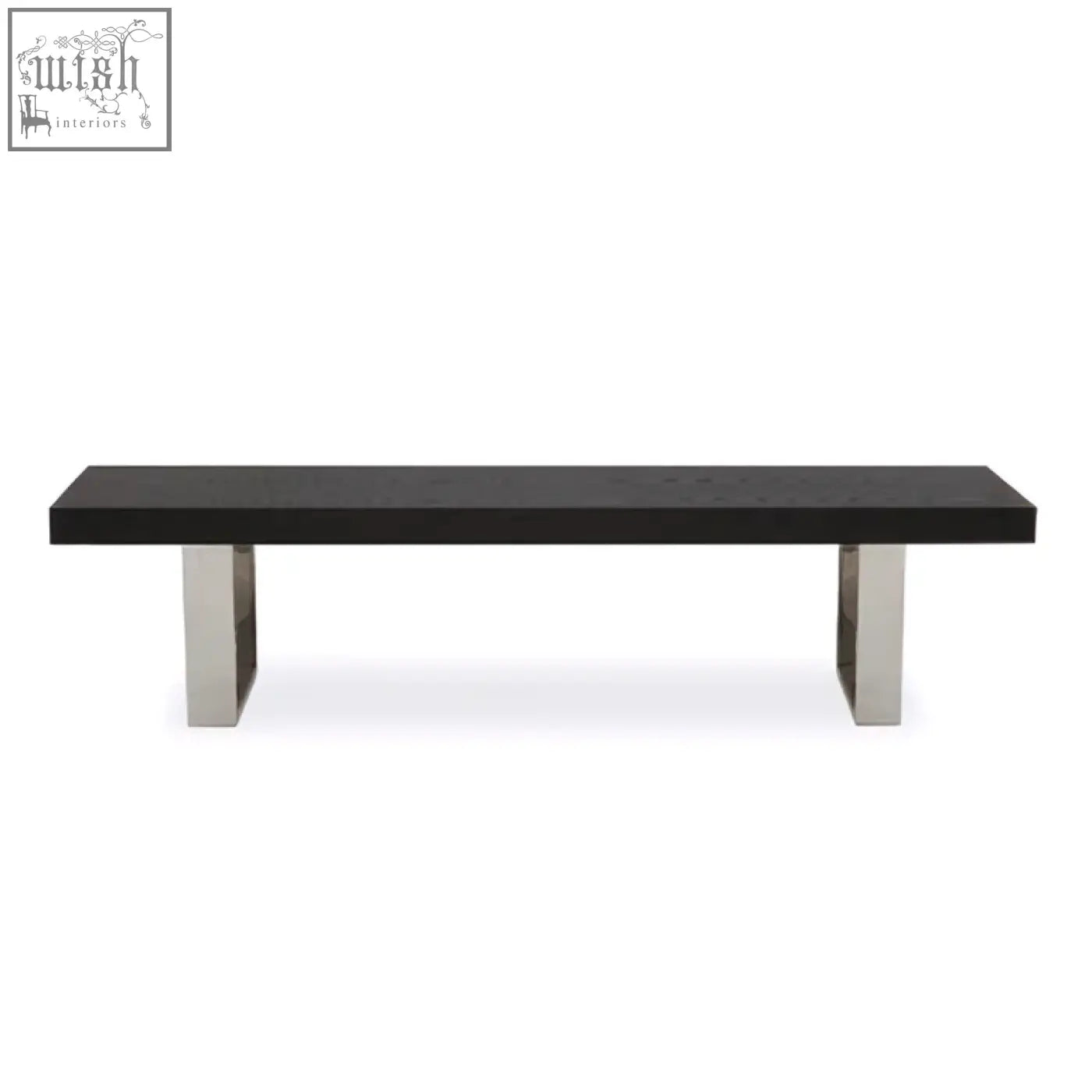Ulmus black elm wood bench with black lacquered seat and sleek polished chrome legs for stylish seating