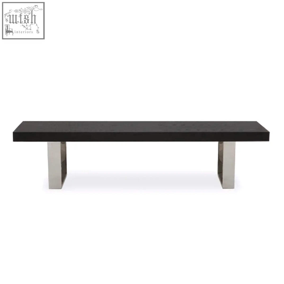 Ulmus black elm wood bench with black lacquered seat and sleek polished chrome legs for stylish seating