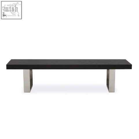 Ulmus black elm wood bench with black lacquered seat and sleek polished chrome legs for stylish seating
