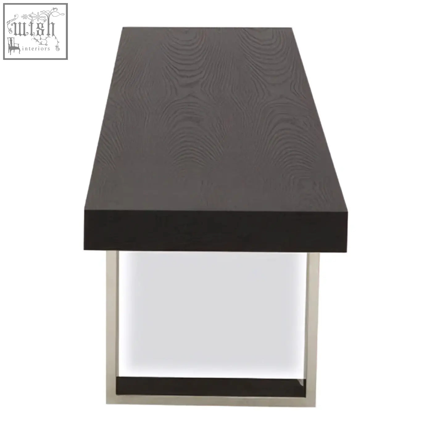 Black rectangular ulmus black elm wood bench with wood grain finish and sleek silver metal legs
