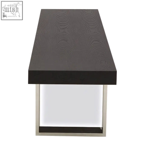Black rectangular ulmus black elm wood bench with wood grain finish and sleek silver metal legs