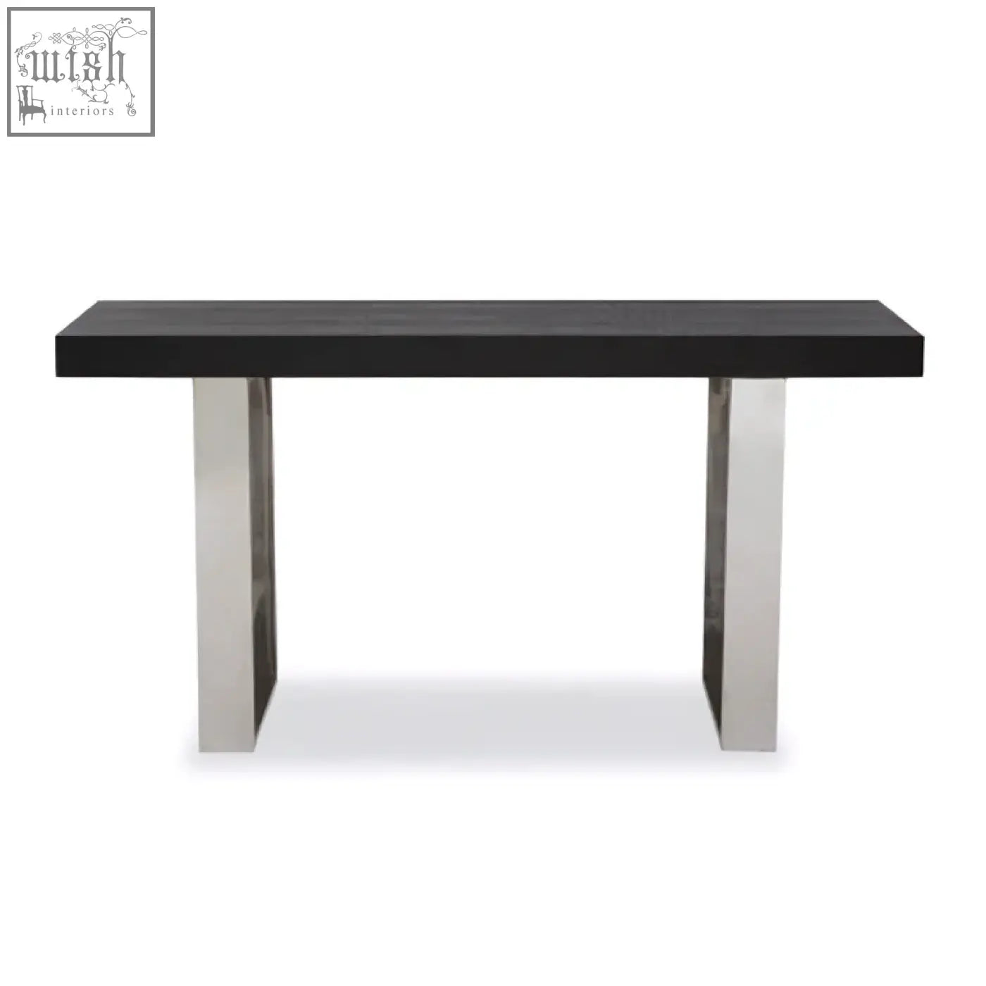 Black lacquered ulmus console table with sleek polished chrome legs perfect for modern living spaces