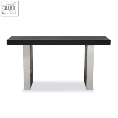 Black lacquered ulmus console table with sleek polished chrome legs perfect for modern living spaces