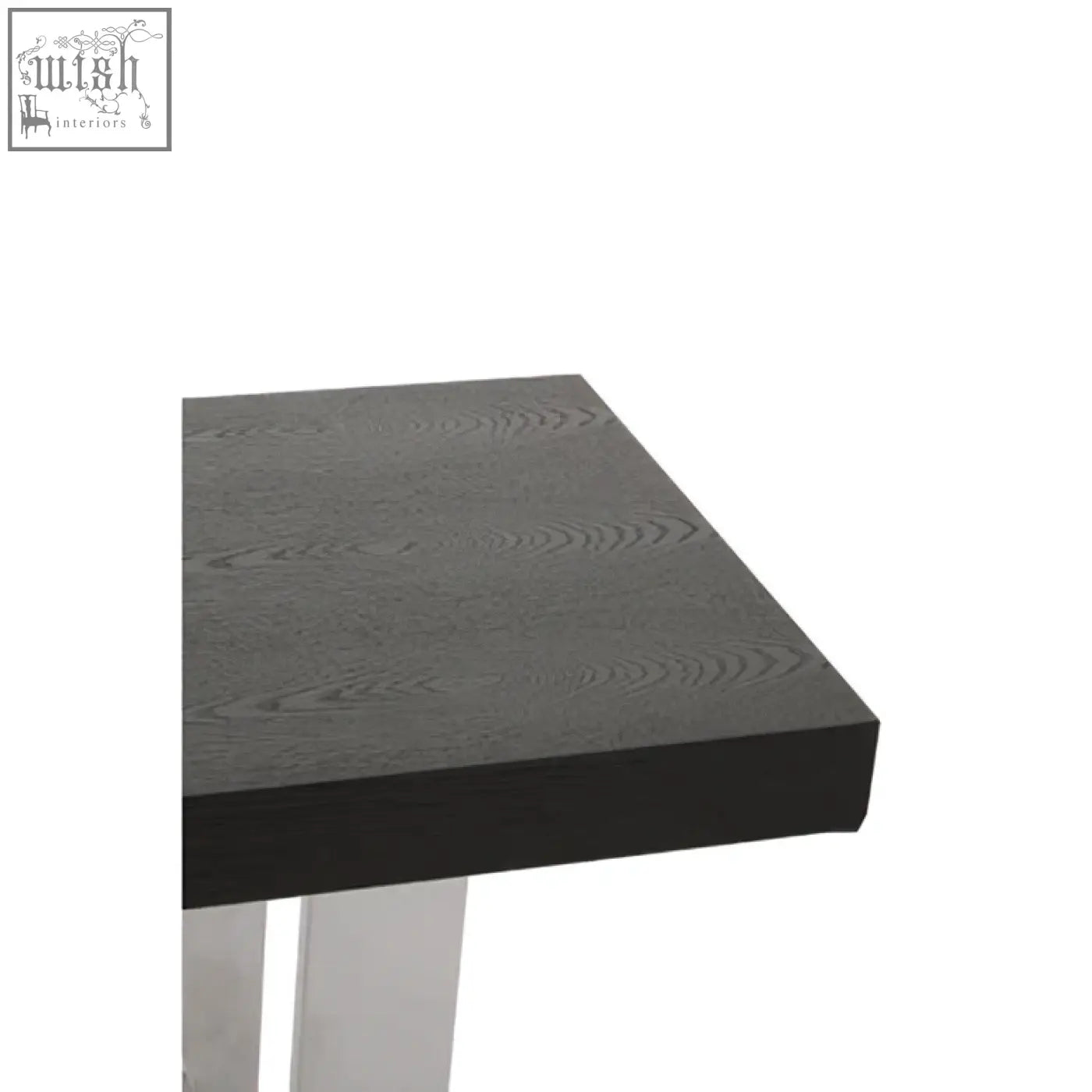 Black tabletop with subtle wood grain and sleek silver legs on the modern ulmus console table