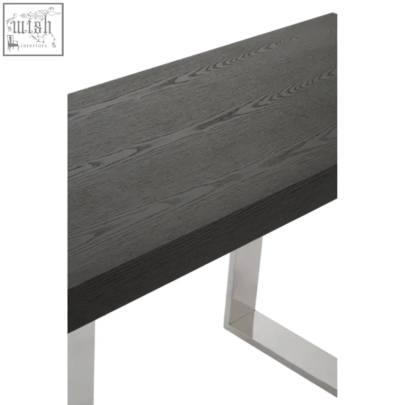 Dark gray wood grain ulmus console table with sleek polished chrome legs for modern living spaces