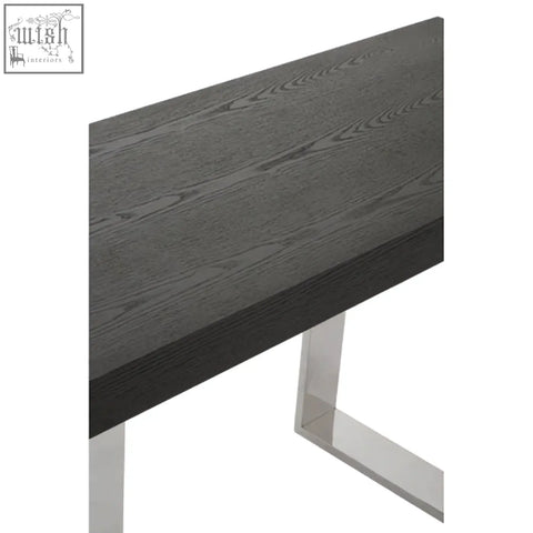 Dark gray wood grain ulmus console table with sleek polished chrome legs for modern living spaces