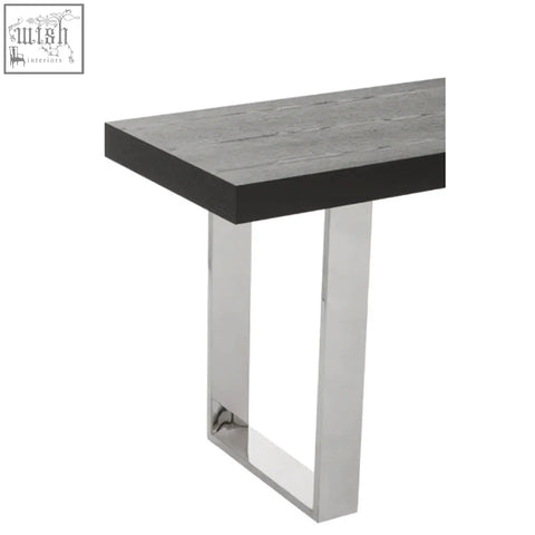 Modern ulmus console table with dark gray wood grain top and polished chrome legs perfect as a sleek console table