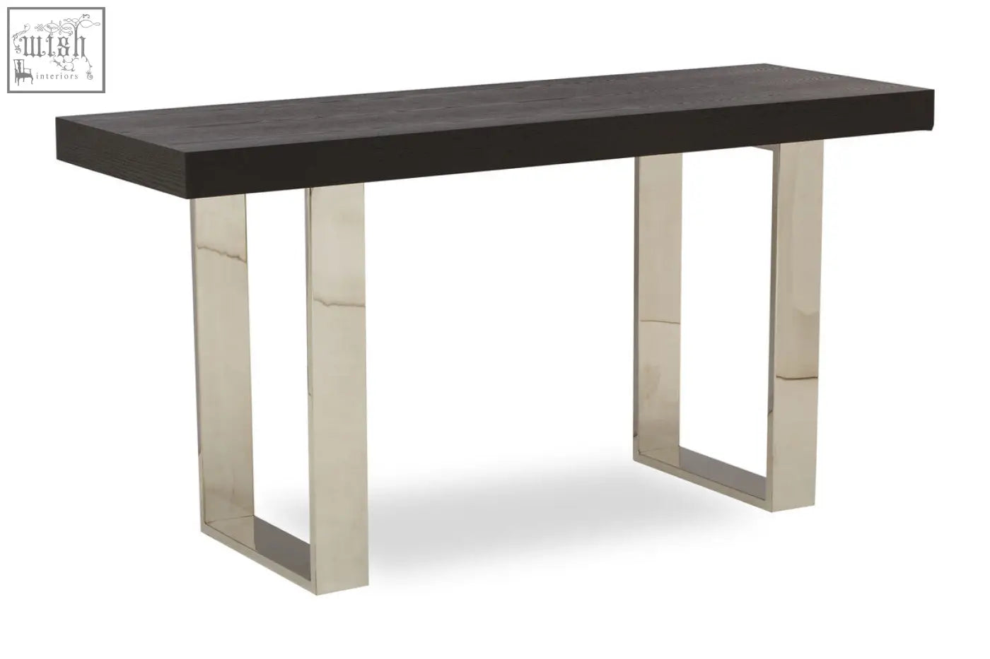 Modern ulmus console table with dark wood top and sleek polished chrome legs for stylish entryways or living rooms