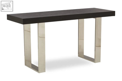 Modern ulmus console table with dark wood top and sleek polished chrome legs for stylish entryways or living rooms