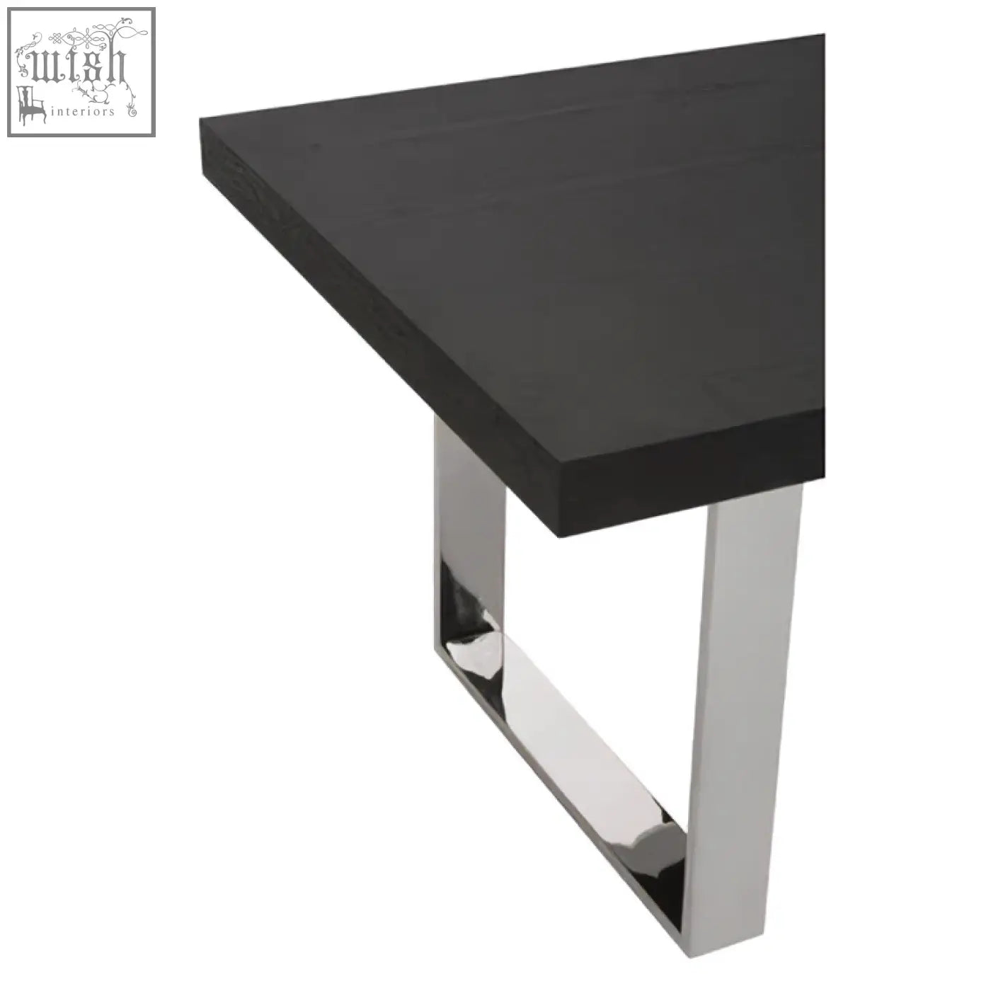 Ulmus dining table with black matte tabletop and sleek chrome-plated rectangular legs for stylish dining