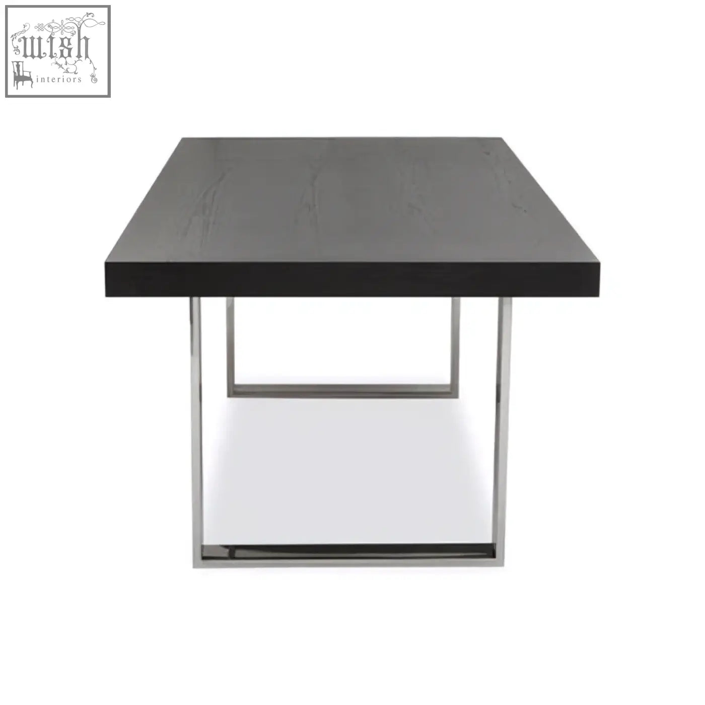 Black ulmus dining table with sleek chrome metal legs perfect for modern dining spaces
