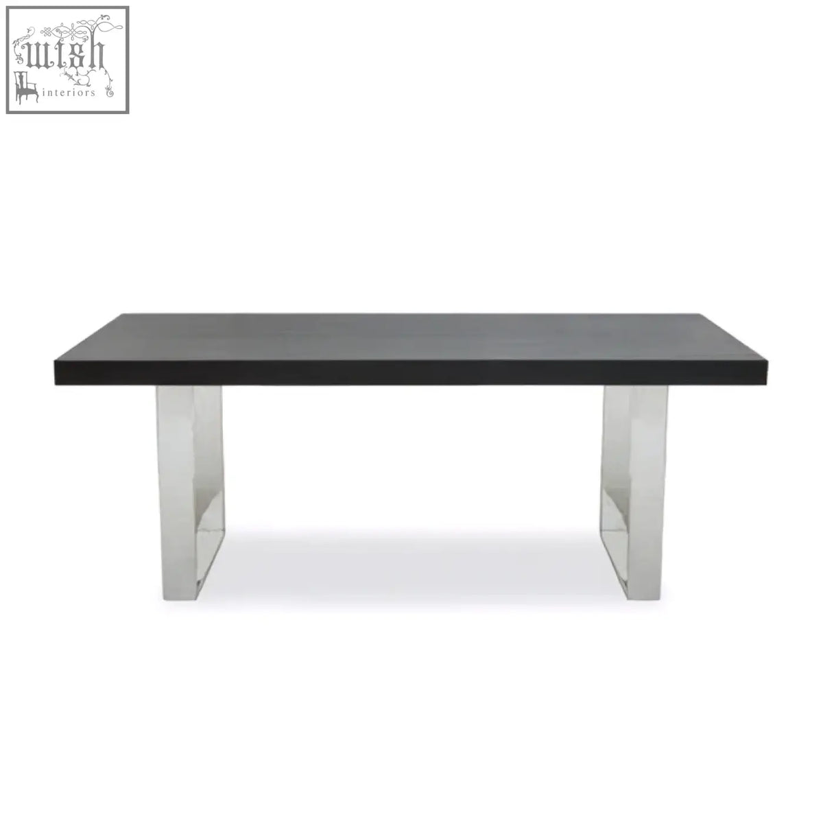 Black ulmus dining table with sleek chrome legs perfect for modern dining spaces