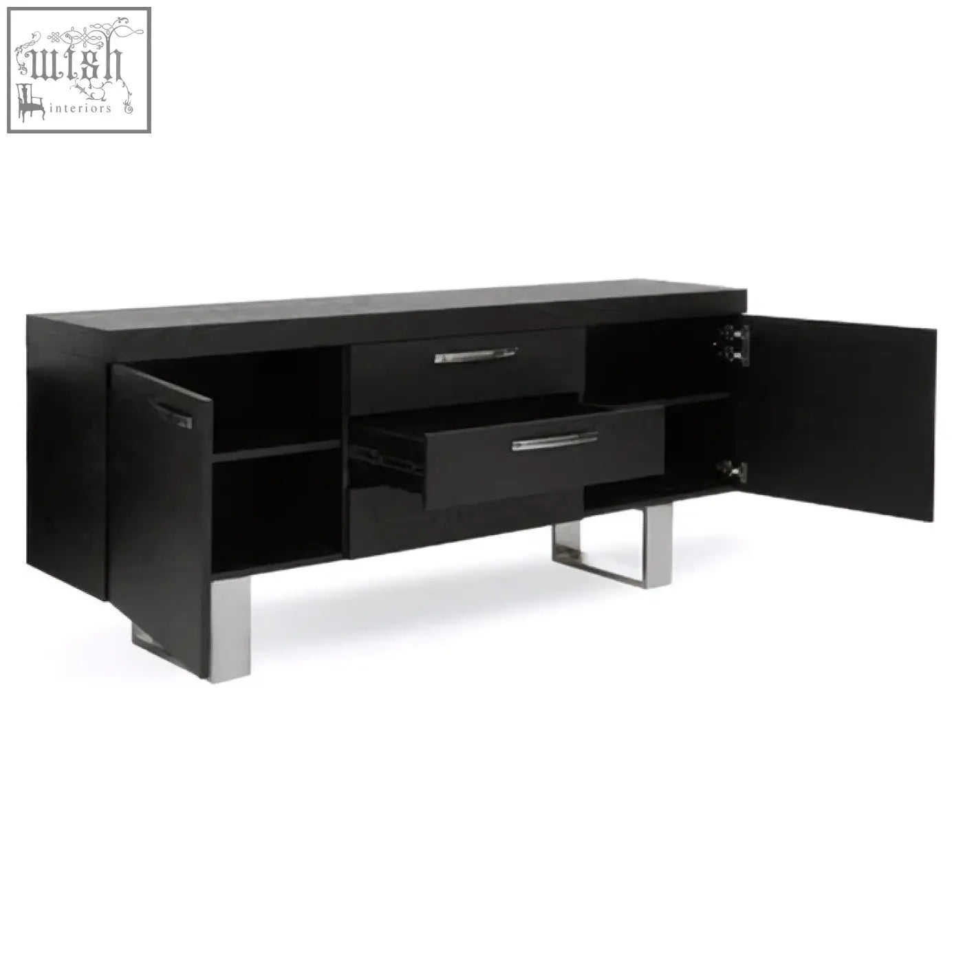 Black glossy ulmus sideboard with silver legs and two cupboards open showing black elm drawers inside