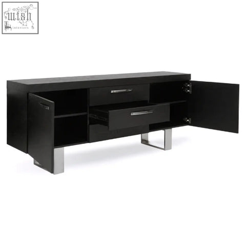 Black glossy ulmus sideboard with silver legs and two cupboards open showing black elm drawers inside