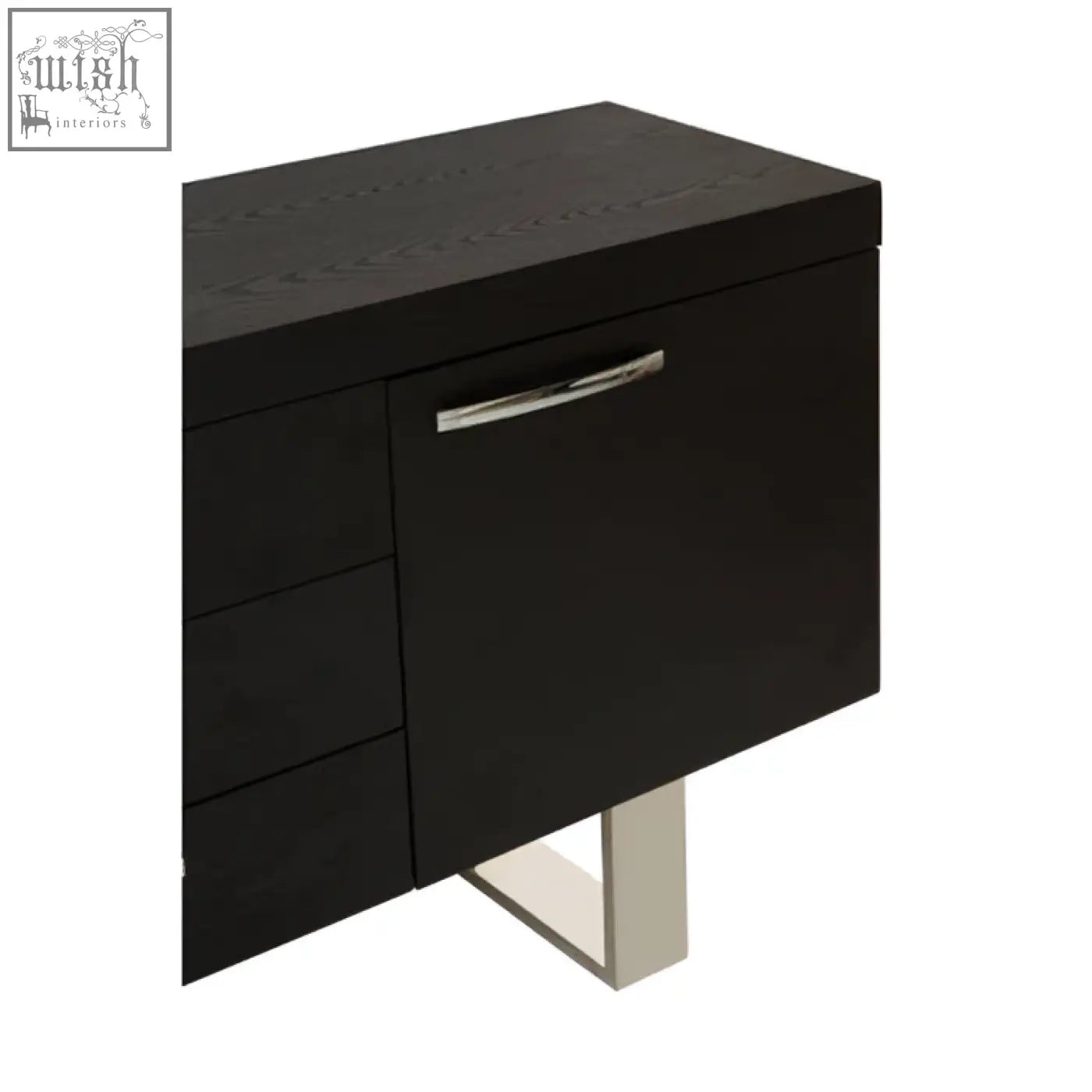 Black lacquered ulmus sideboard with sleek modern design, silver handle, and two cupboards in black elm finish