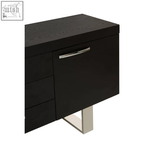 Black lacquered ulmus sideboard with sleek modern design, silver handle, and two cupboards in black elm finish