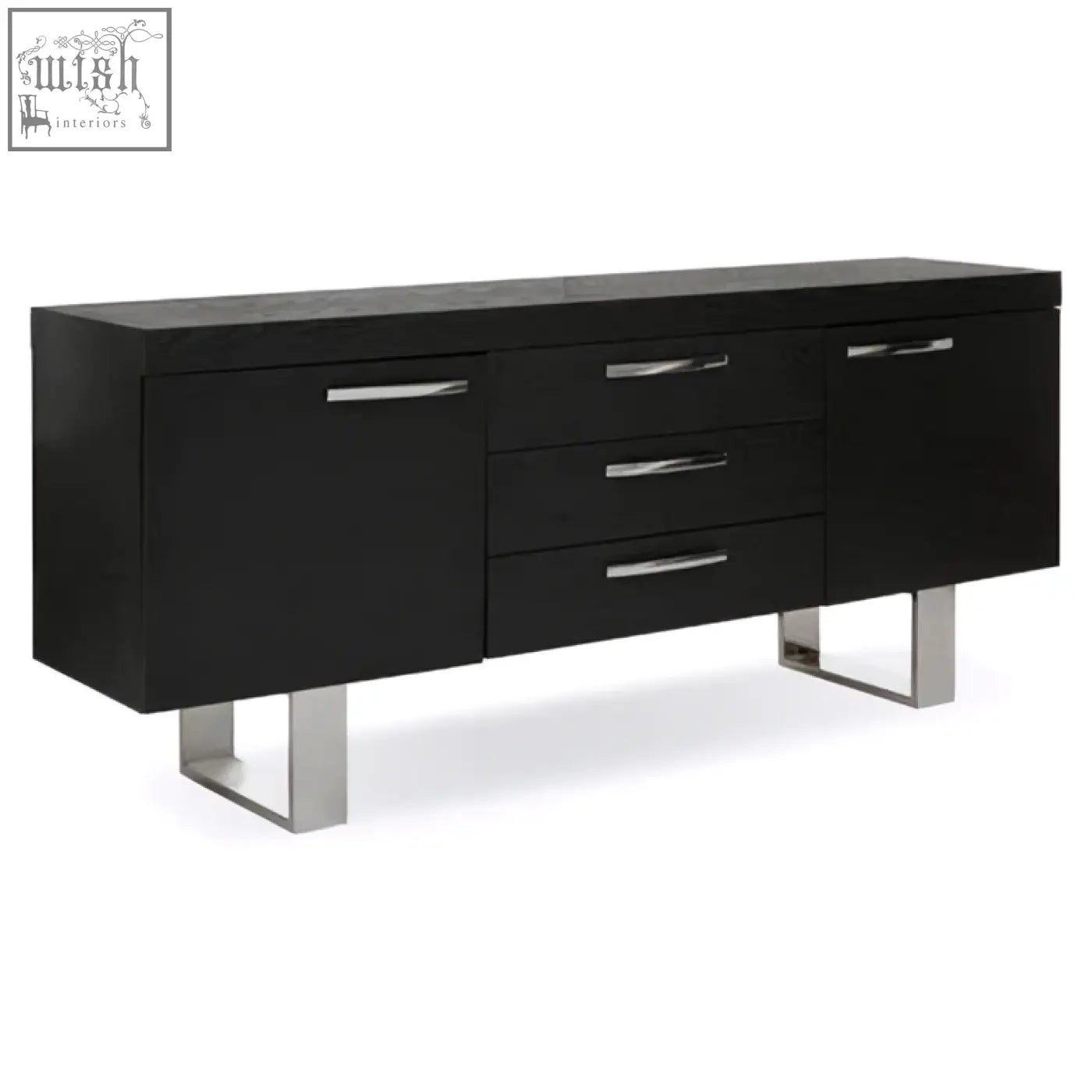 Ulmus sideboard with black elm finish two cupboards sleek chrome handles and angular silver legs for modern storage