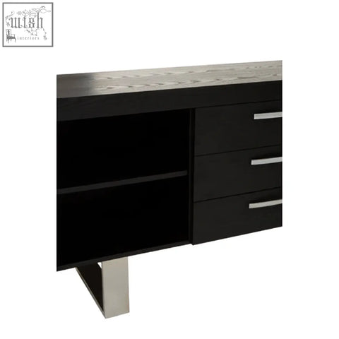 Black elm ulmus sideboard with two cupboards textured silver countertop and sleek chrome legs for stylish storage