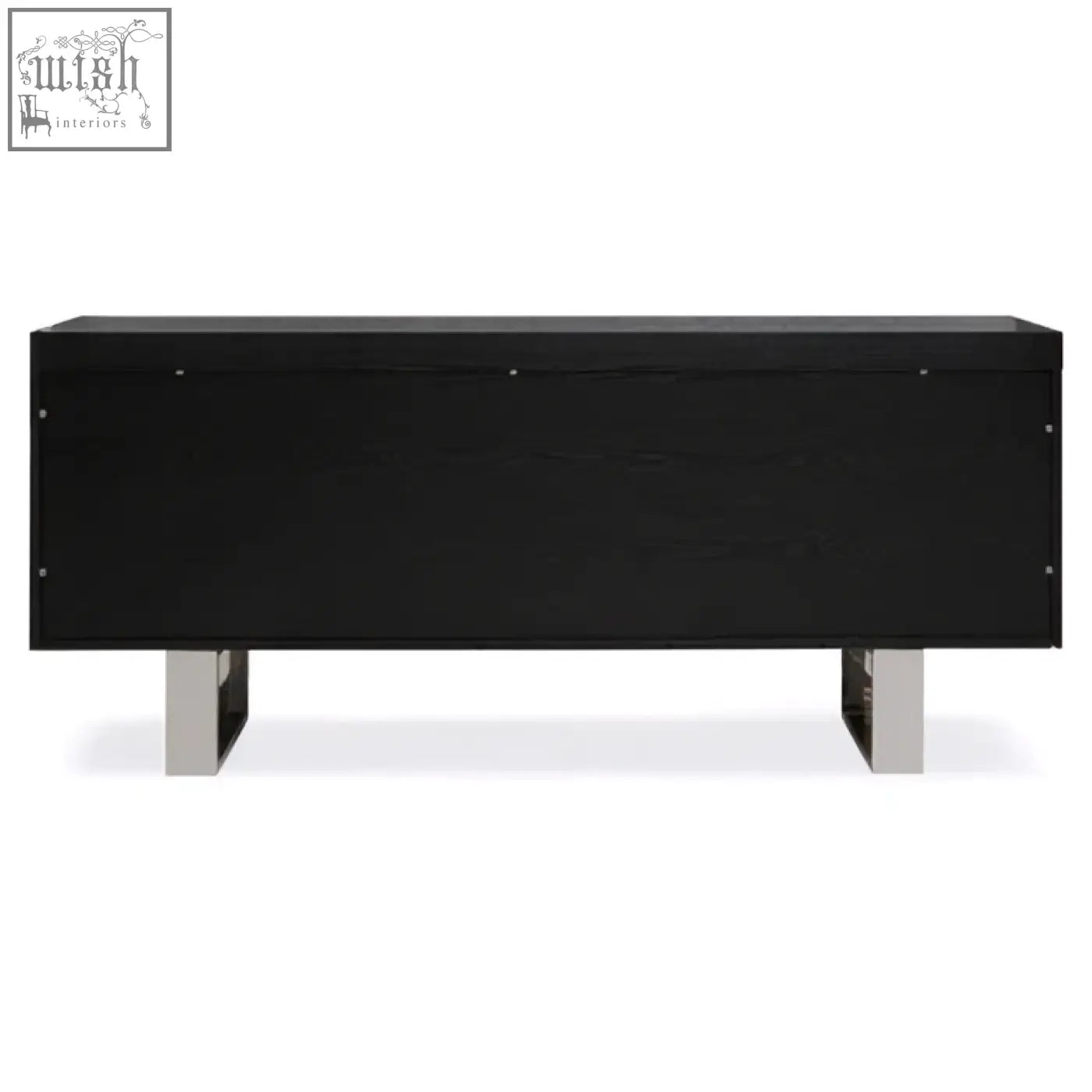 Black elm ulmus sideboard with two cupboards and sleek chrome legs in a black lacquered wood console table design