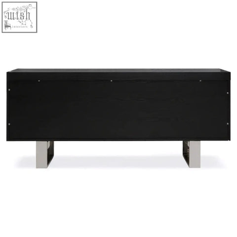 Black elm ulmus sideboard with two cupboards and sleek chrome legs in a black lacquered wood console table design