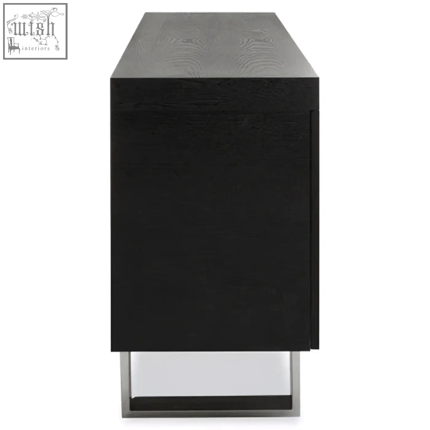Ulmus sideboard in black elm with two cupboards textured top and sleek chrome legs for stylish storage