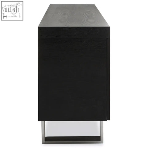 Ulmus sideboard in black elm with two cupboards textured top and sleek chrome legs for stylish storage