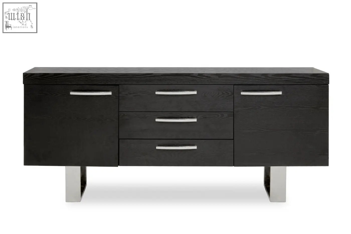 Ulmus sideboard in black elm with sleek silver handles, chrome legs, and two cupboards for stylish storage