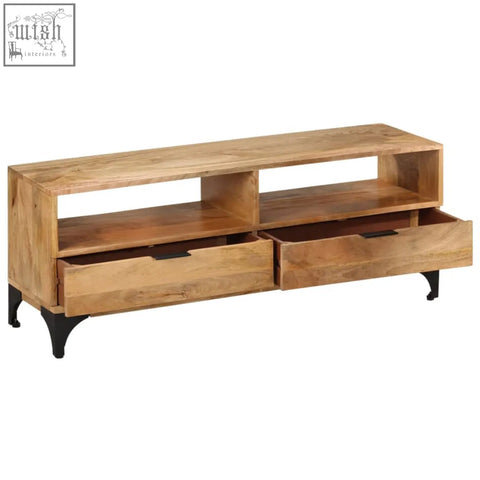 Ulren mango wood tv stand in light brown solid wood featuring two compartments and black metal legs