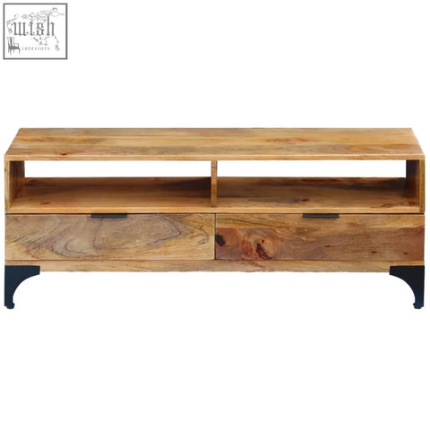 Ulren mango wood tv stand featuring two compartments with natural grain solid wood and black metal legs