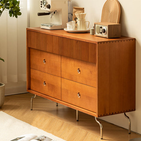 Warm-toned cherry wood una drawer sideboard with vertical slats and silver round knobs drawer sideboard design