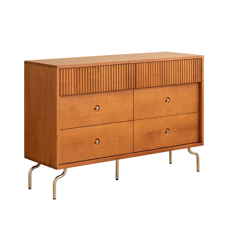 Warm-toned cherry wood una drawer sideboard with vertical slats and sleek curved metal legs for stylish storage