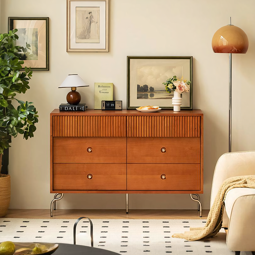 Warm-toned cherry wood una drawer sideboard with vertical slats and sleek metal legs for stylish storage